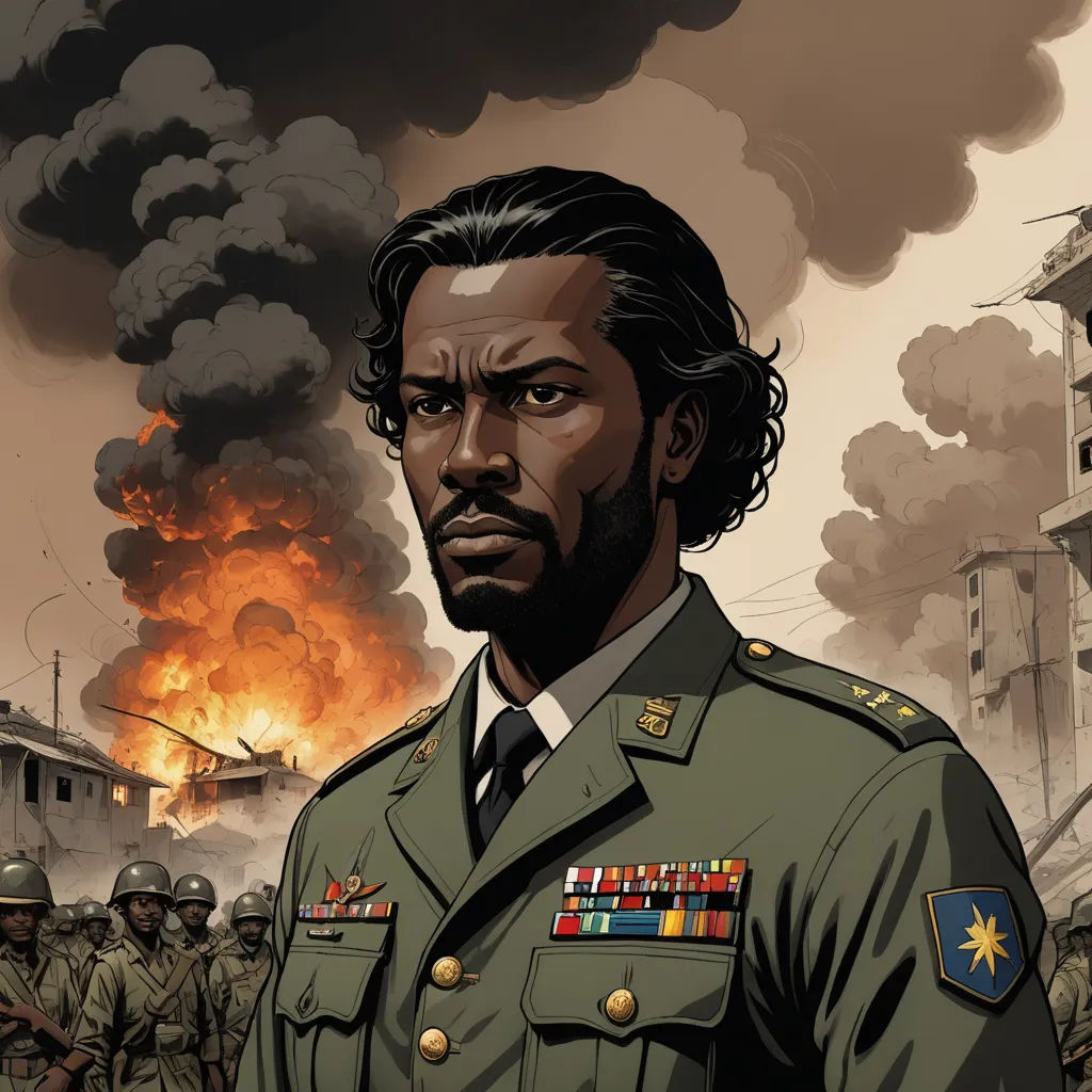 a man in a military uniform standing in front of a fire and smoke filled building with smoke billowing out of it, afrofuturism, a character portrait, David Palumbo, character portrait