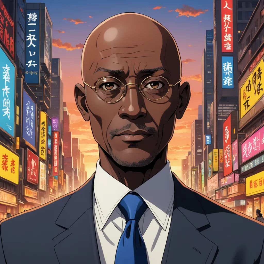 a man in a suit and tie standing in front of a cityscape with a sunset in the background, afrofuturism, a character portrait, Eizan Kikukawa, official art