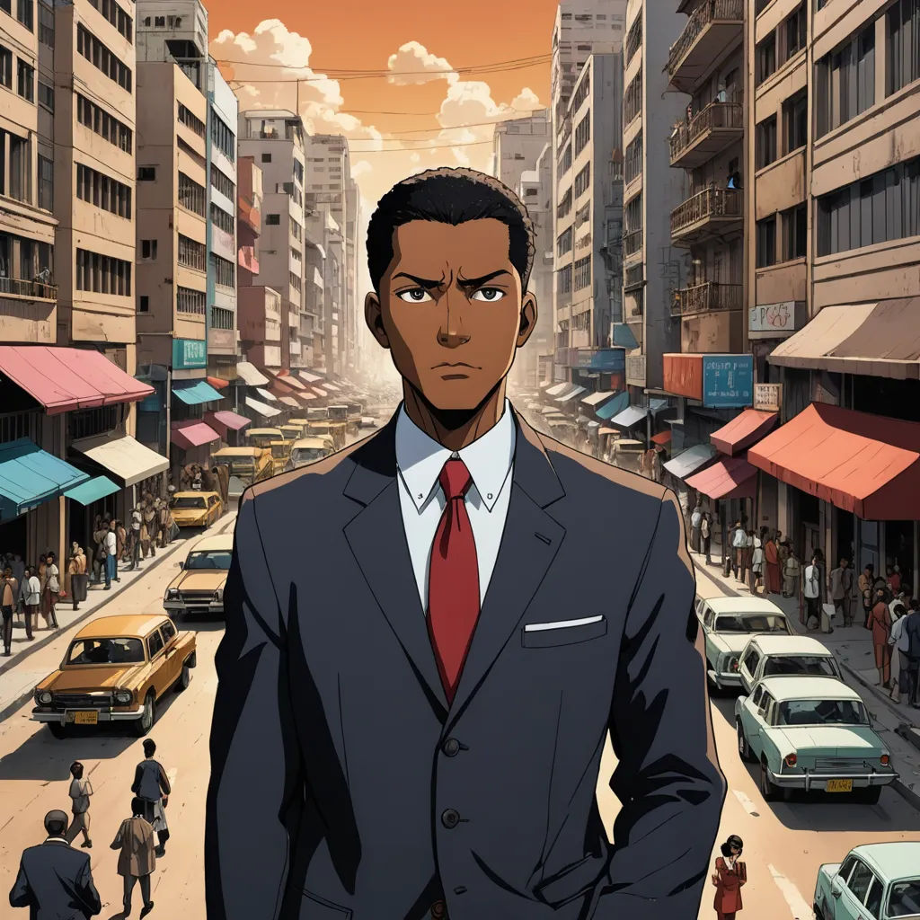a man in a suit standing in a city street with cars and people in the background, with a red sky, afrofuturism, a character portrait, Cedric Seaut (Keos Masons), official art