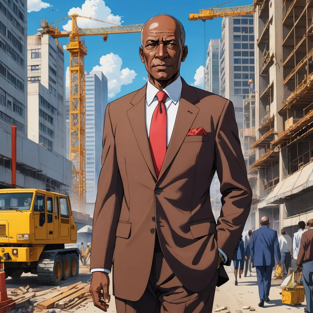 a man in a suit and tie standing in front of a construction site with a crane in the background, afrofuturism, a character portrait, Ben Enwonwu, official art