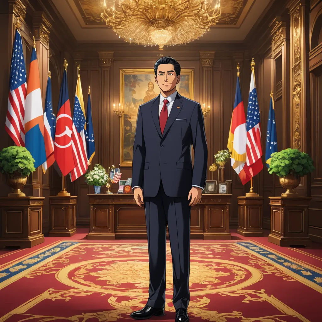 a man in a suit standing in a room with flags of different countries in the background and a chandelier, sots art, a character portrait, Adam Manyoki, official art