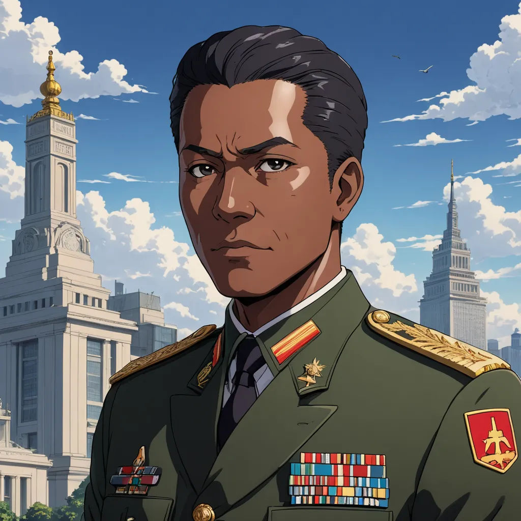 a man in a military uniform standing in front of a cityscape with a clock tower in the background, afrofuturism, a character portrait, Basuki Abdullah, official art