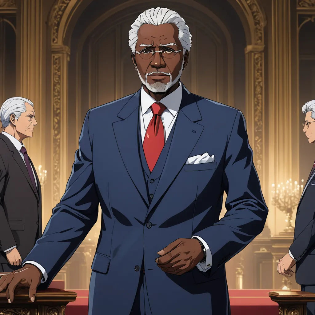 a man in a suit and tie standing in front of a table with other men in suits and ties, black arts movement, a character portrait, Allan Brooks, official art