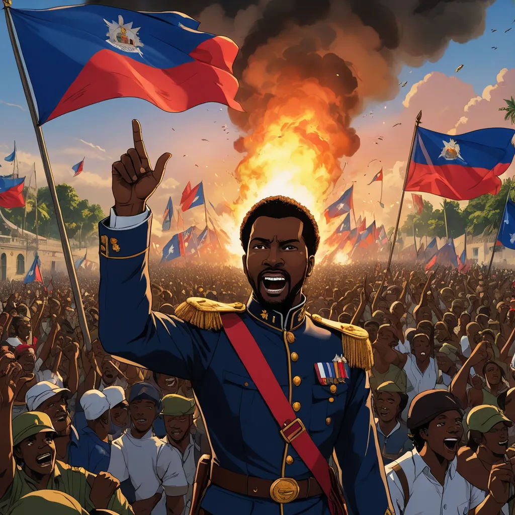 a man in uniform standing in front of a crowd of people with flags and a fire in the background, afrofuturism, concept art, Chris LaBrooy, official art