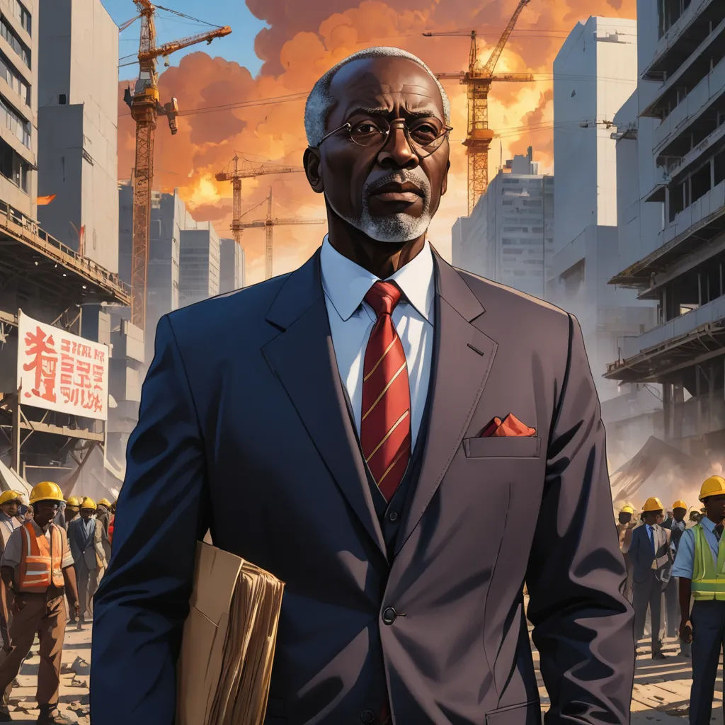 a man in a suit and tie standing in front of a construction site with a lot of smoke coming out of the sky, afrofuturism, a character portrait, Bruce Onobrakpeya, official art
