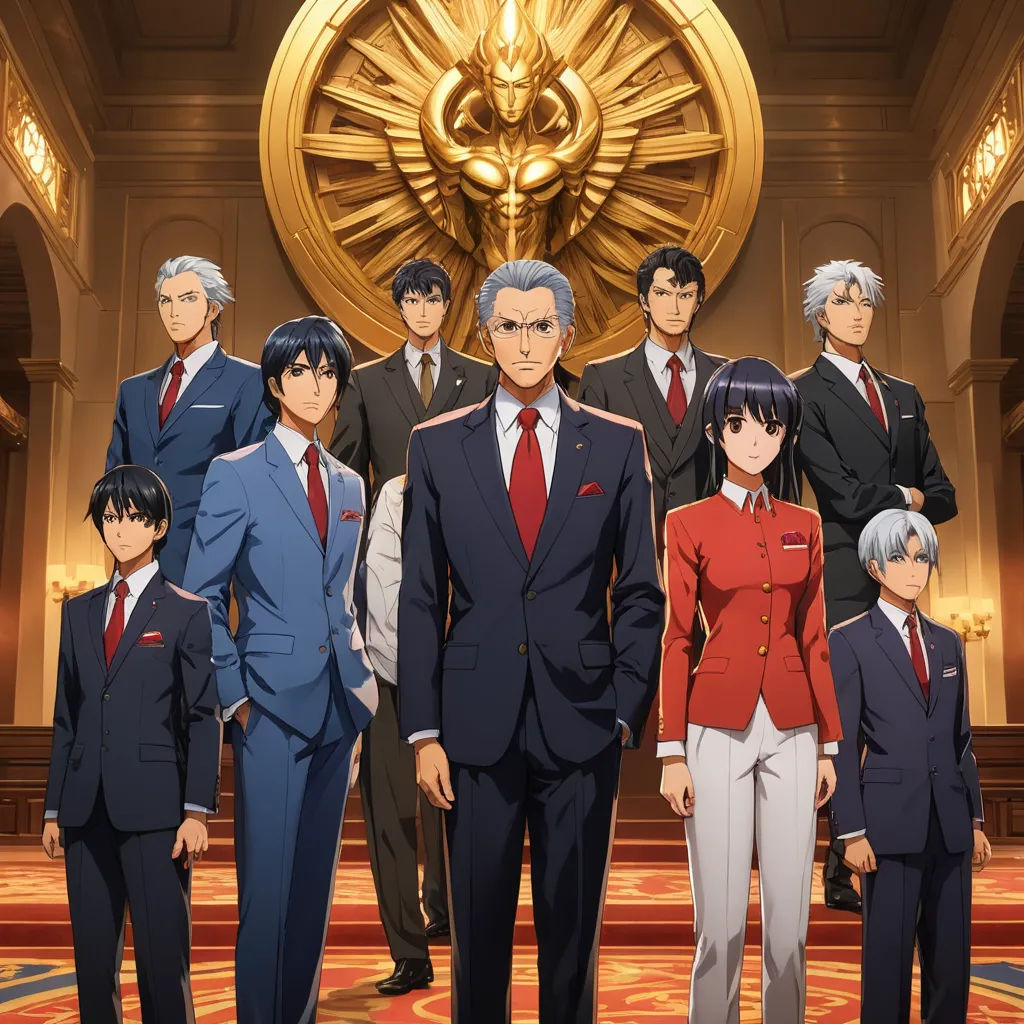 a group of people in suits and ties standing in front of a golden eagle in a building with a carpet, sots art, poster art, Baiōken Eishun, official art