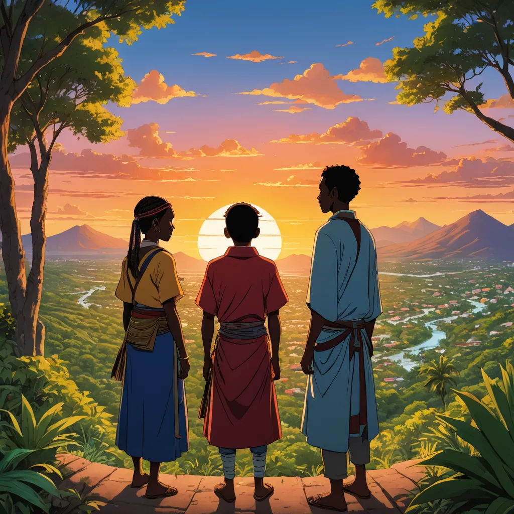 a painting of two men standing on a path looking at a sunset over a valley and a river with mountains, afrofuturism, a detailed matte painting, Chinwe Chukwuogo-Roy, official art