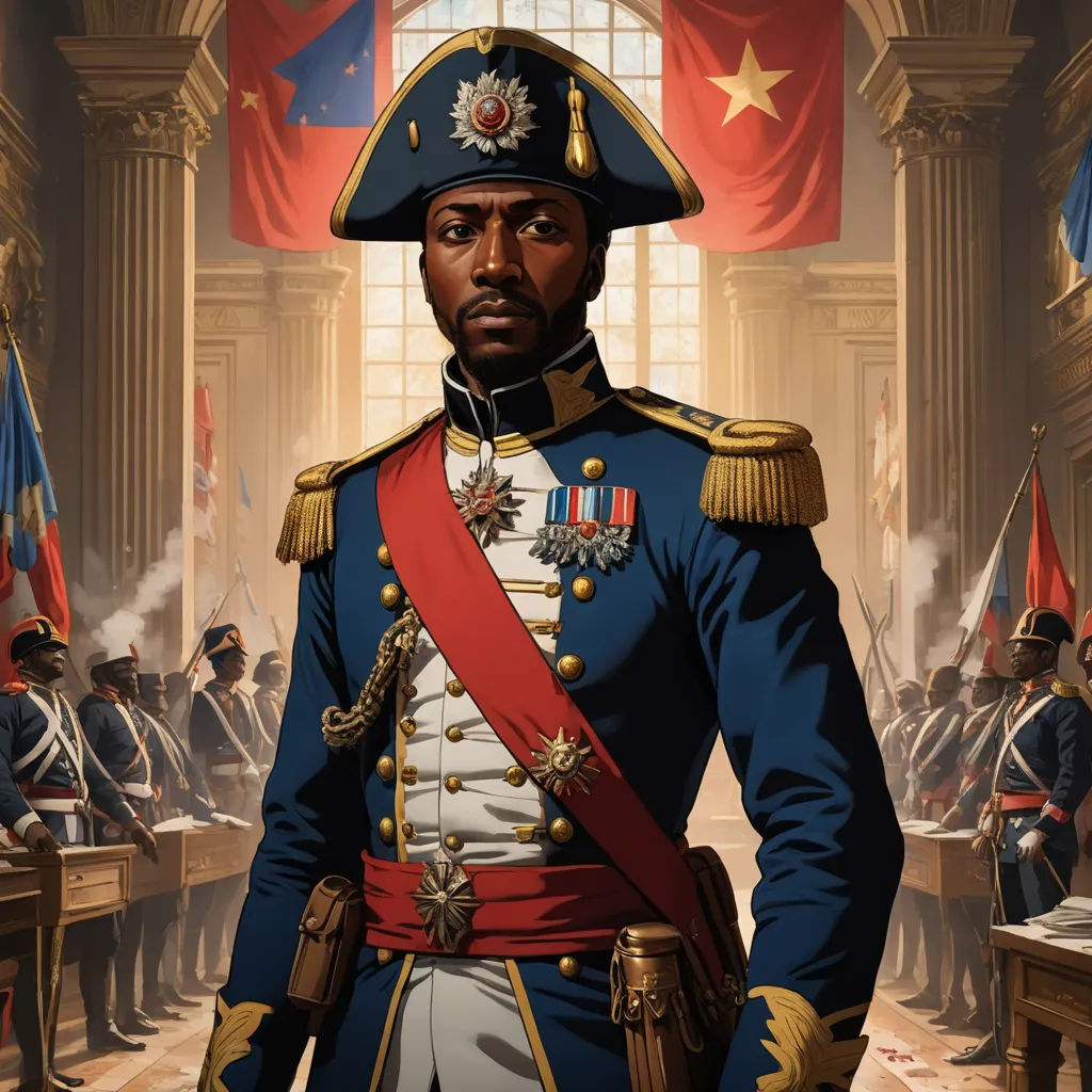 a painting of a man in a military uniform in front of a group of people in a room with flags, afrofuturism, a character portrait, Chris LaBrooy, official art