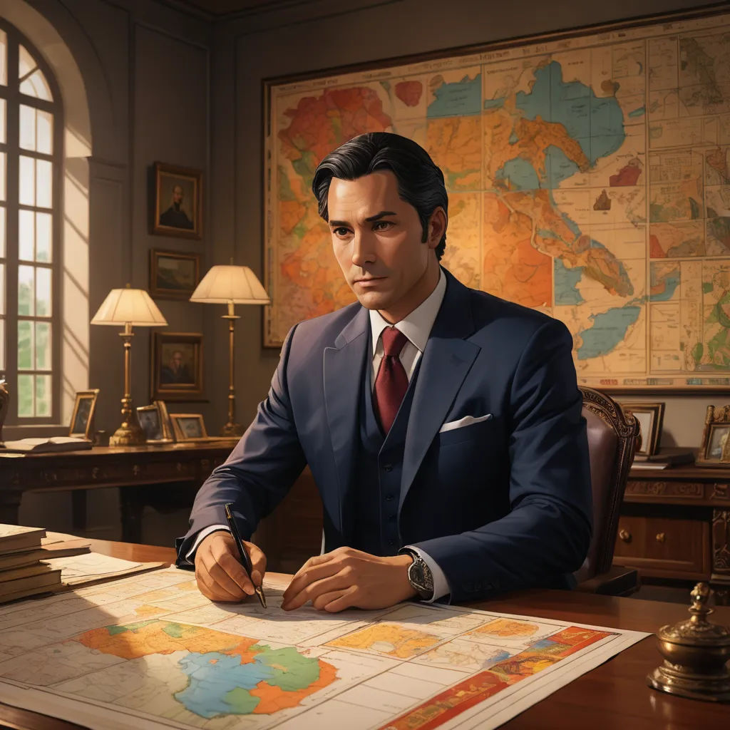 a man in a suit sitting at a desk with a map and a lamp on it, looking at the camera, sots art, a detailed painting, Eddie Mendoza, official art