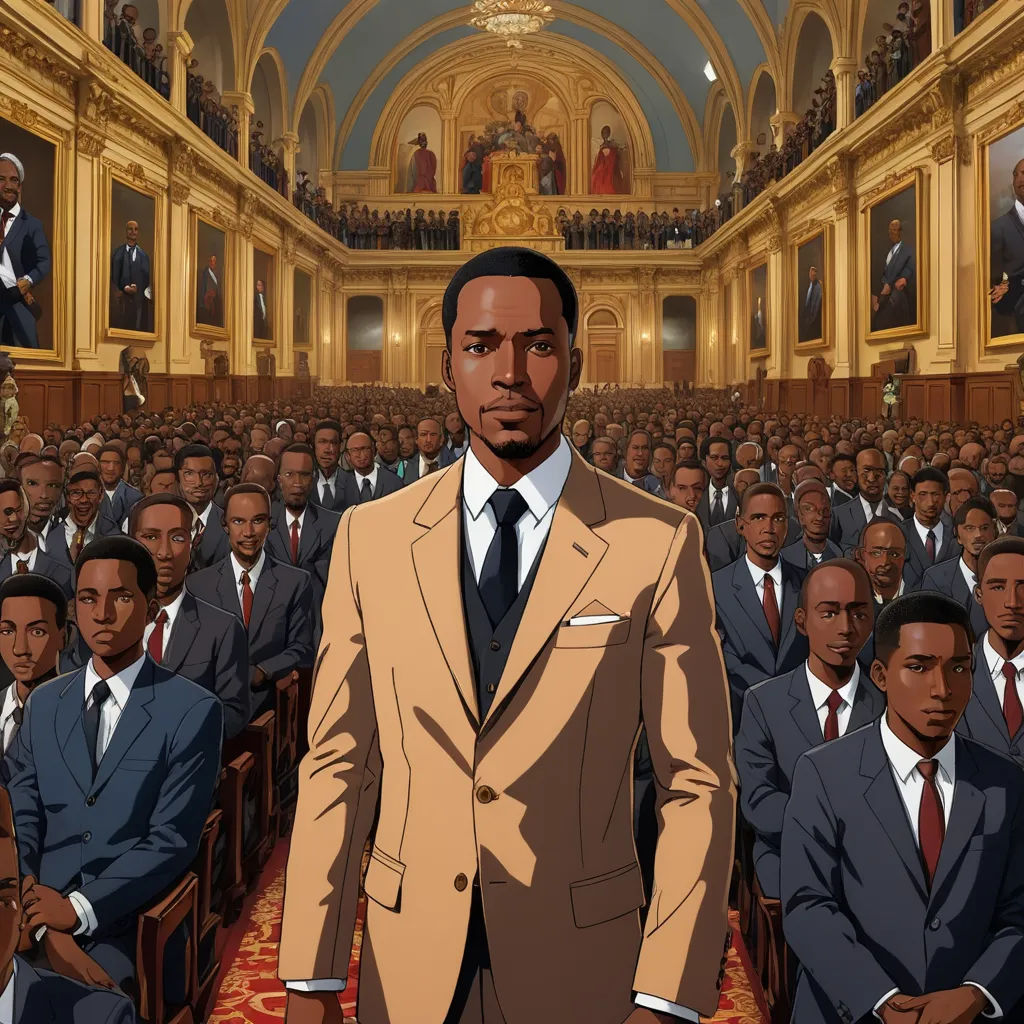 a man in a suit standing in front of a crowd of people in a church with a painting of him, afrofuturism, concept art, Cedric Seaut (Keos Masons), official art