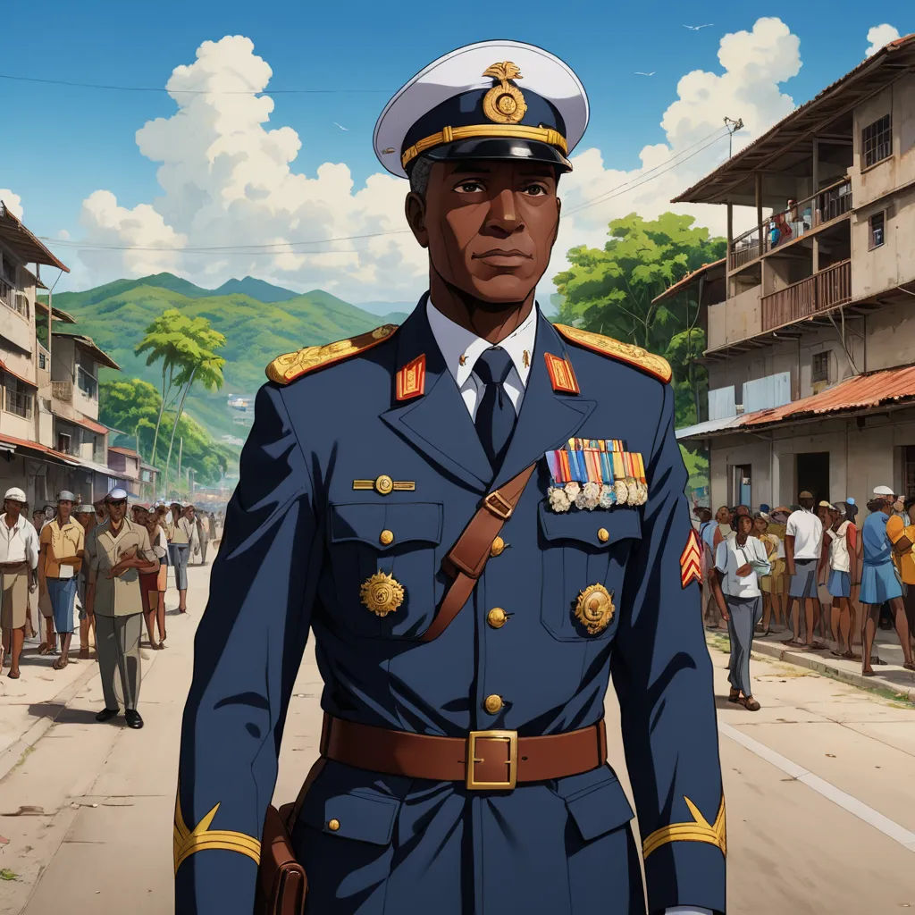 a man in a military uniform standing in the street with a crowd of people behind him and a building in the background, afrofuturism, a character portrait, Cedric Seaut (Keos Masons), official art