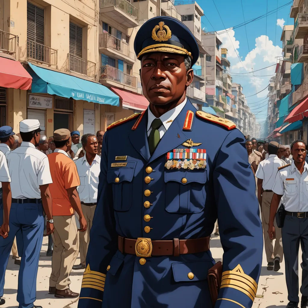 a man in a military uniform standing in a crowded street with people walking around him and a line of buildings in the background, photorealism, a detailed matte painting, Cedric Seaut (Keos Masons), official art