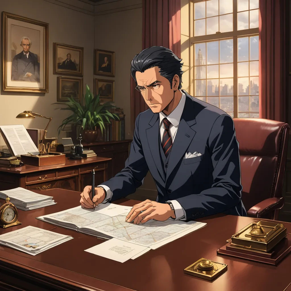 a man in a suit sitting at a desk with papers and a pen in his hand and a clock on the desk, sots art, a detailed painting, Eizan Kikukawa, official art