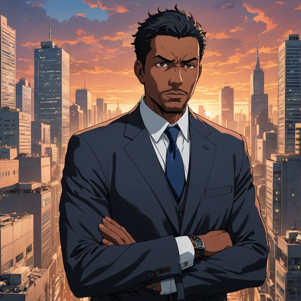 a man in a suit standing in front of a cityscape with his arms crossed and his arms crossed, afrofuturism, a character portrait, Cedric Seaut (Keos Masons), official art
