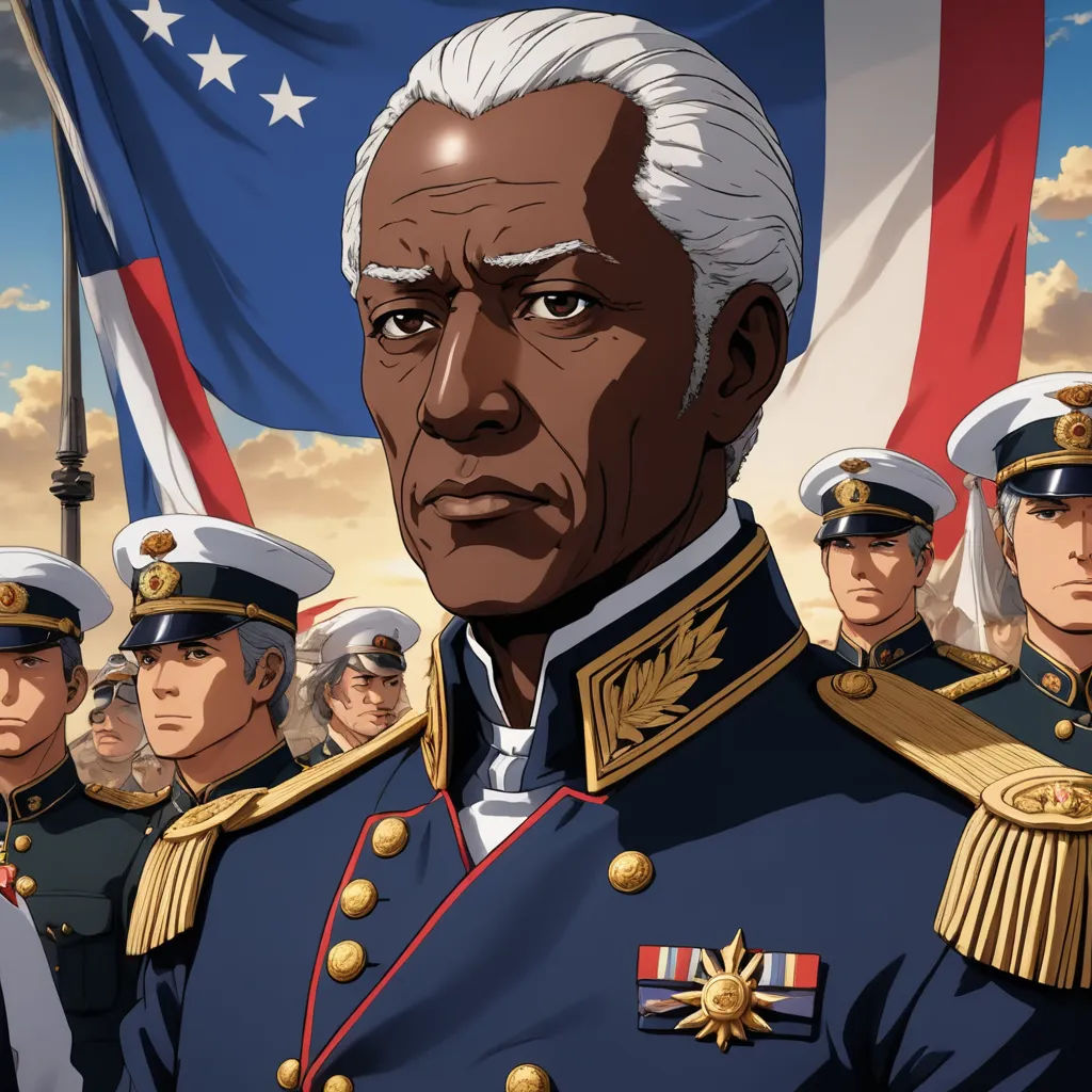 a group of men in military uniforms standing in front of a flag and a flag pole in the background, afrofuturism, a character portrait, Eizan Kikukawa, official art
