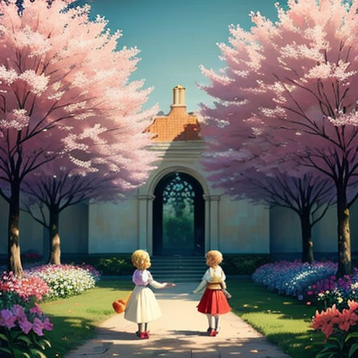 two children are walking through a garden with pink flowers and trees in the background, and a gate in the foreground