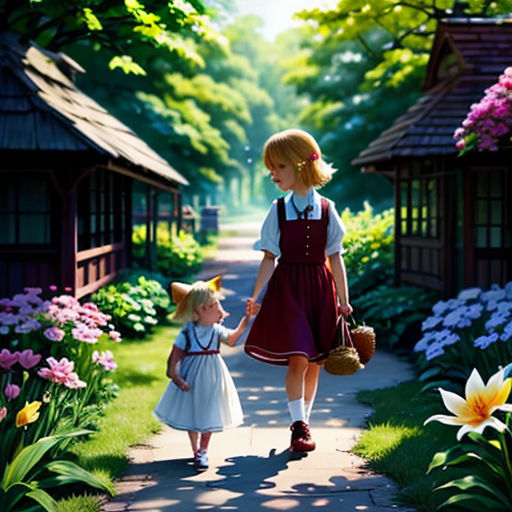 a little girl holding the hand of a little girl walking down a path in a garden with flowers and a house