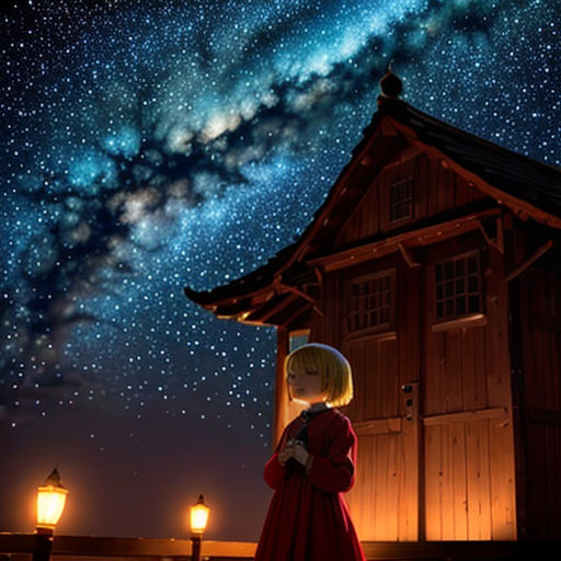 a woman standing in front of a building under a night sky filled with stars and a milky filled sky