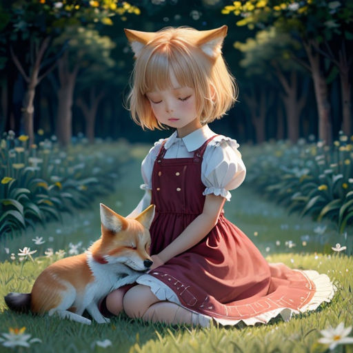 a little girl sitting in the grass with a fox on her lap and a dog on her lap,