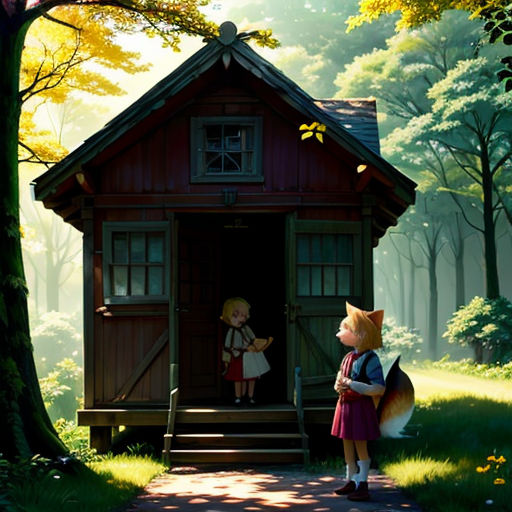 a little girl standing in front of a small cabin in the woods with a fox on the door and a fox on the ground