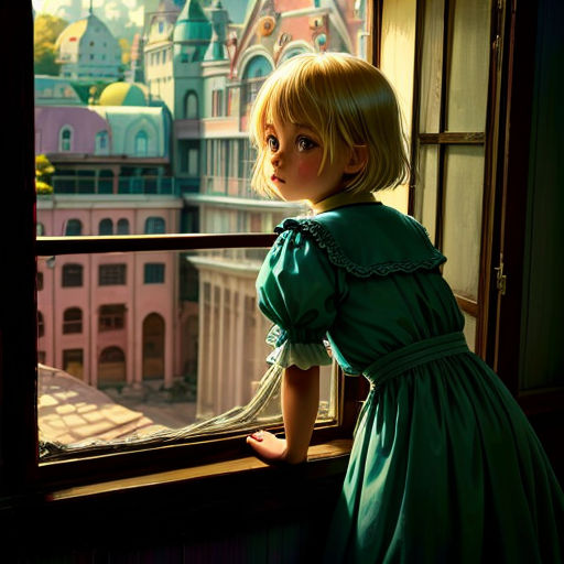 a little girl looking out a window at a city outside of a window with a doll in it's hand