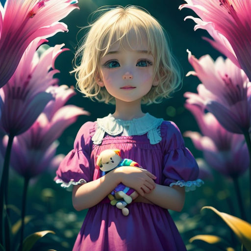 a little girl holding a stuffed animal in a field of flowers with a teddy bear in her arms and a sun shining through the clouds