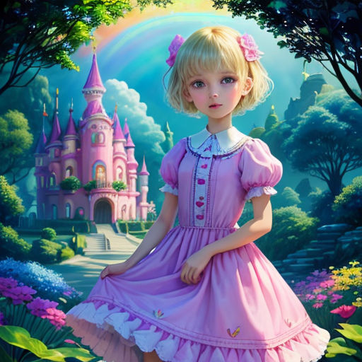 a painting of a little girl in a pink dress standing in front of a castle with a rainbow in the background