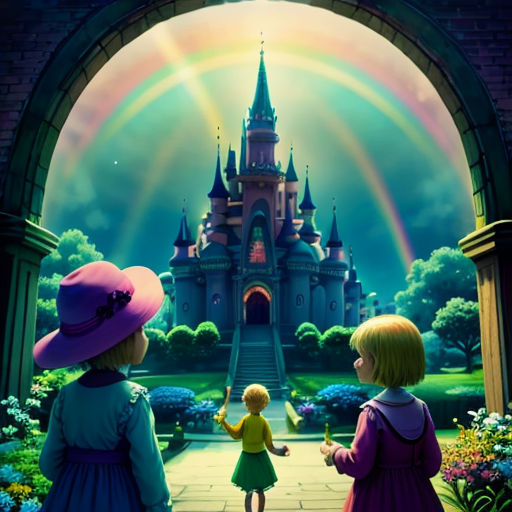 a couple of kids standing in front of a castle with a rainbow in the sky above them and a rainbow in the sky