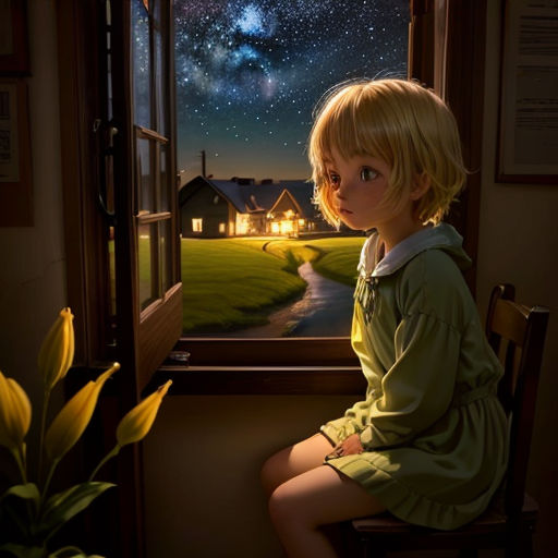 a little girl sitting on a chair looking out a window at the stars in the sky above her head