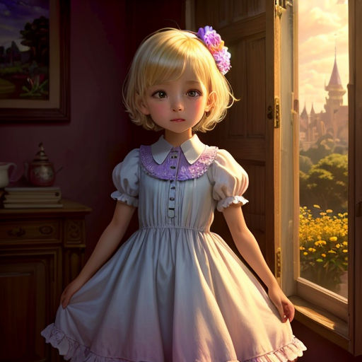 a little girl standing in front of a window with a pink dress on and a pink flower in her hair