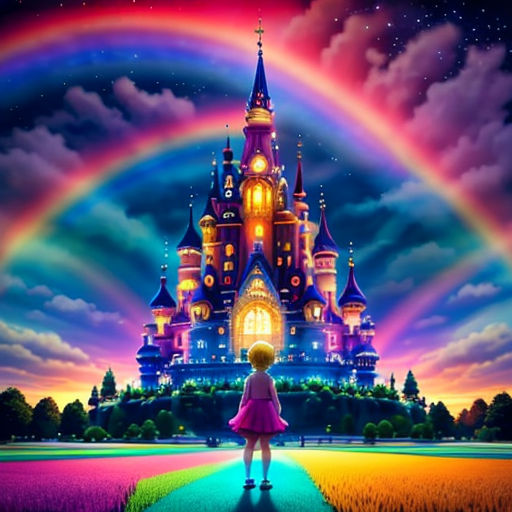 a girl standing in front of a castle with a rainbow in the background and a rainbow in the sky