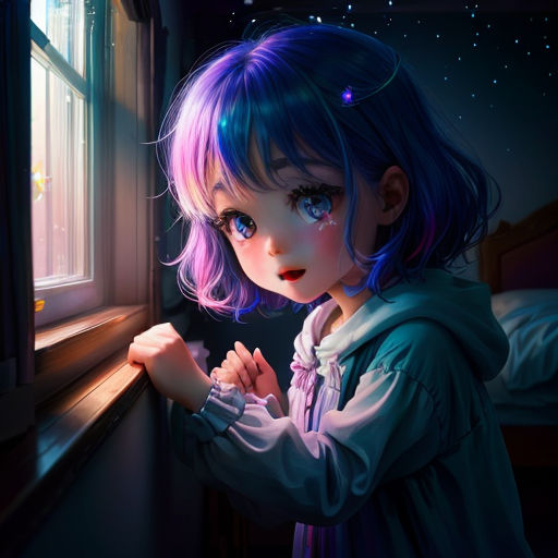 a girl with blue hair and purple hair looking out a window at the stars in the sky above her
