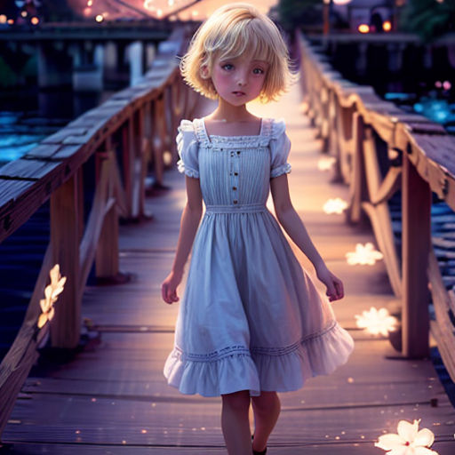 a little girl walking across a bridge with a lit up bridge in the background and a lit up bridge in the foreground
