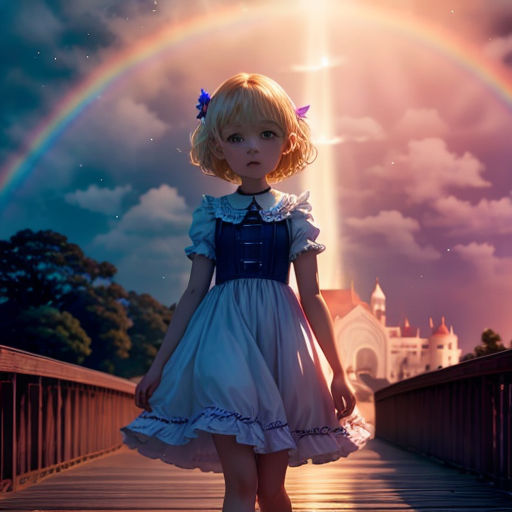 a little girl is walking across a bridge with a rainbow in the background and a castle in the background
