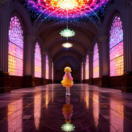 a girl in a yellow dress is walking through a hall with a large window and a colorful light in the ceiling