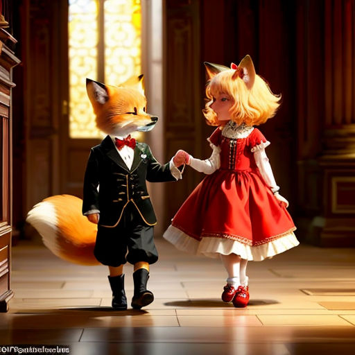 a little girl and a fox are walking together in a room with a window and a door in the background