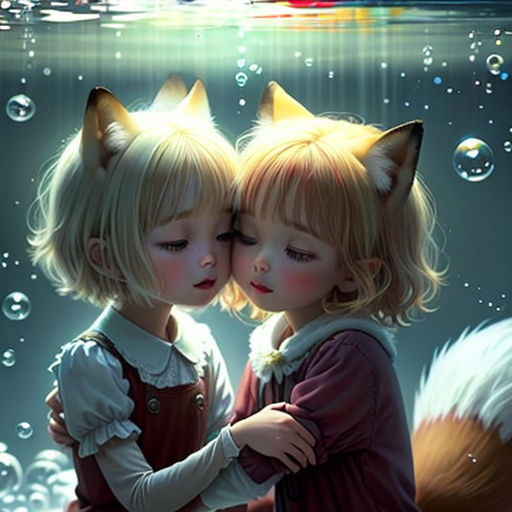 two little girls are hugging under the water with bubbles on the ground and a cat is looking at them
