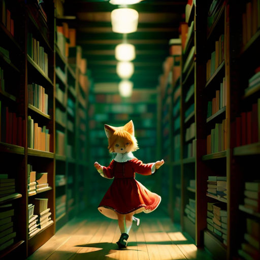a little girl in a red dress is running through a library with bookshelves and a cat on her head