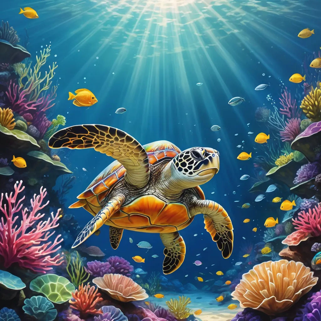 a painting of a turtle swimming in the ocean with corals and fish around it, with sunlight shining through the water, fantasy art, an airbrush painting, Chris LaBrooy, highly detailed digital painting
