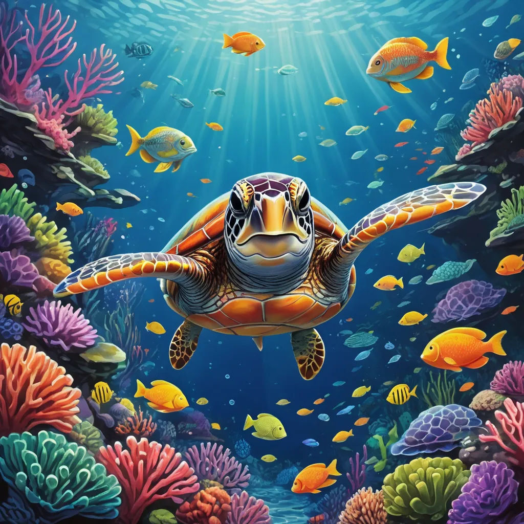 a painting of a turtle swimming in the ocean with fish around it and corals and other fish around it, psychedelic art, an airbrush painting, Chris LaBrooy, highly detailed digital painting