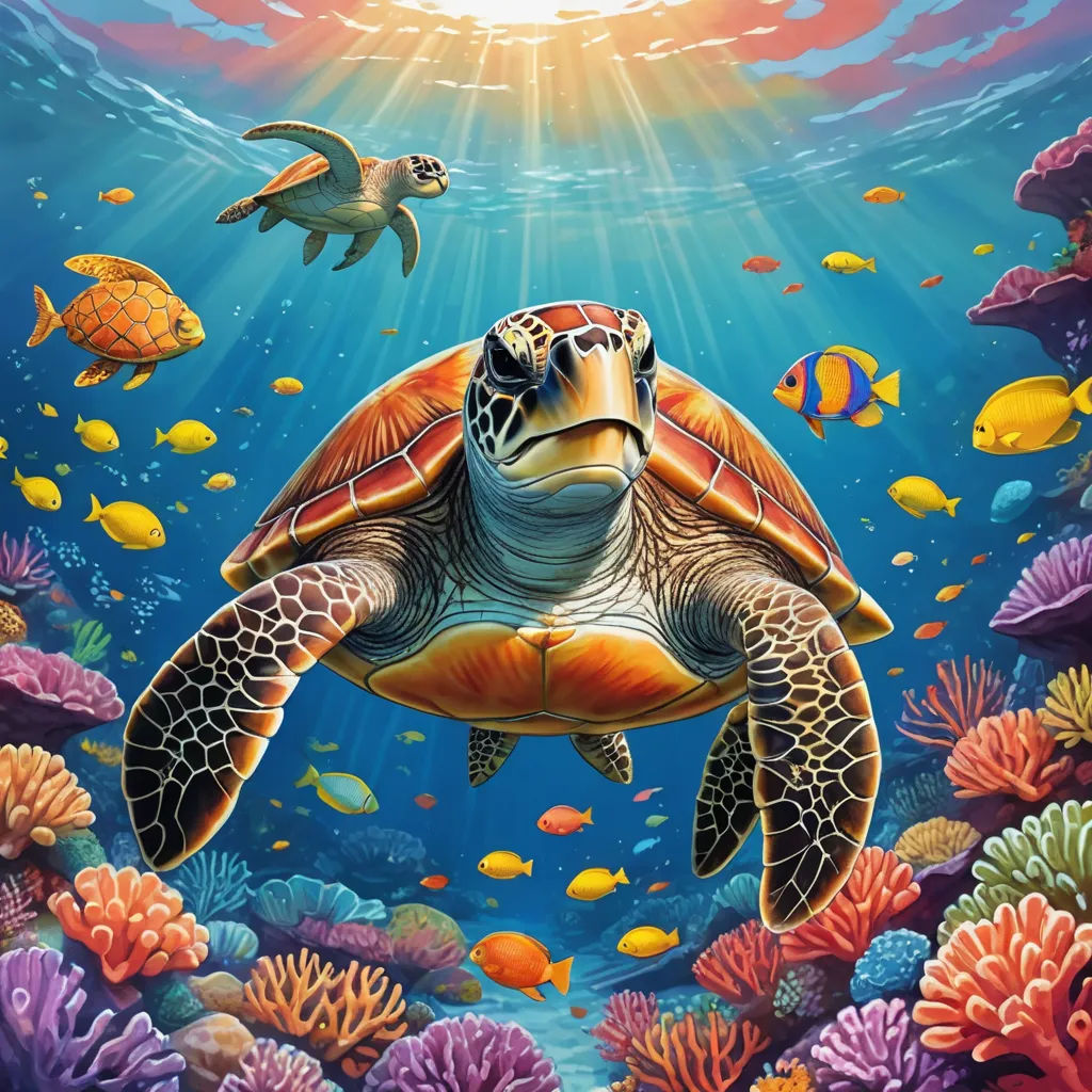 a painting of a turtle swimming in the ocean with a sun above it and fish below it, with a coral reef and corals in the background, psychedelic art, an airbrush painting, Dan Mumford, highly detailed digital painting