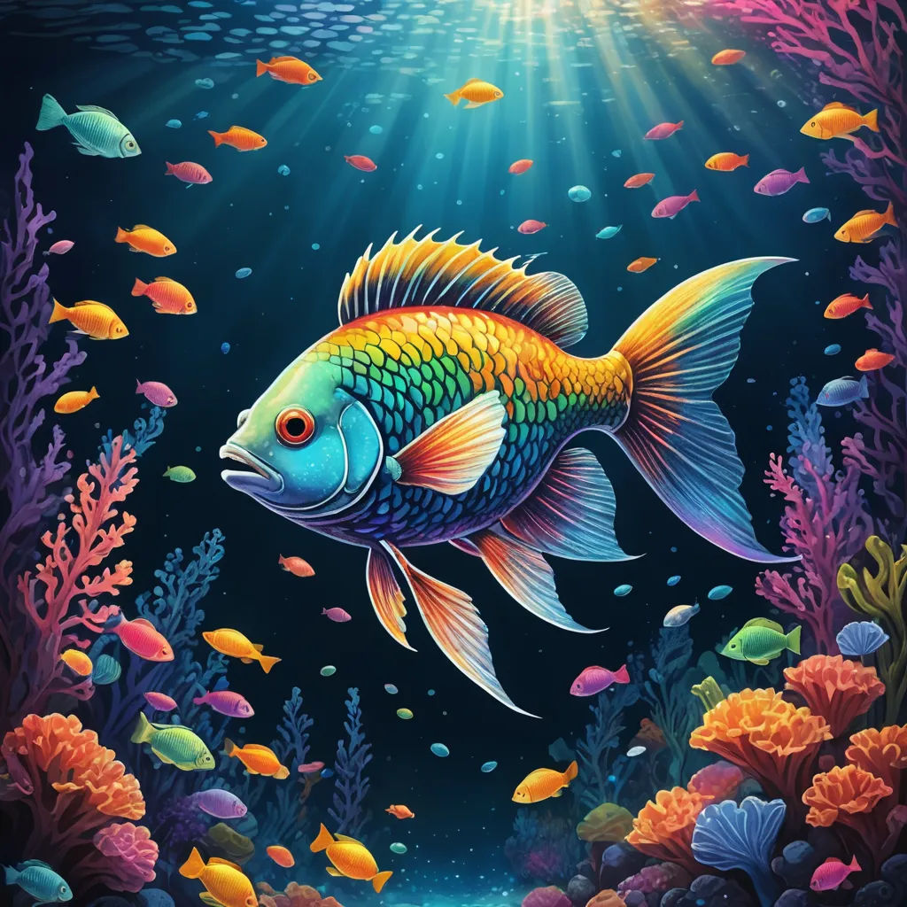 a painting of a fish swimming in the ocean with corals and other fish around it, under a bright blue sky, psychedelic art, a pointillism painting, Cyril Rolando, highly detailed digital painting