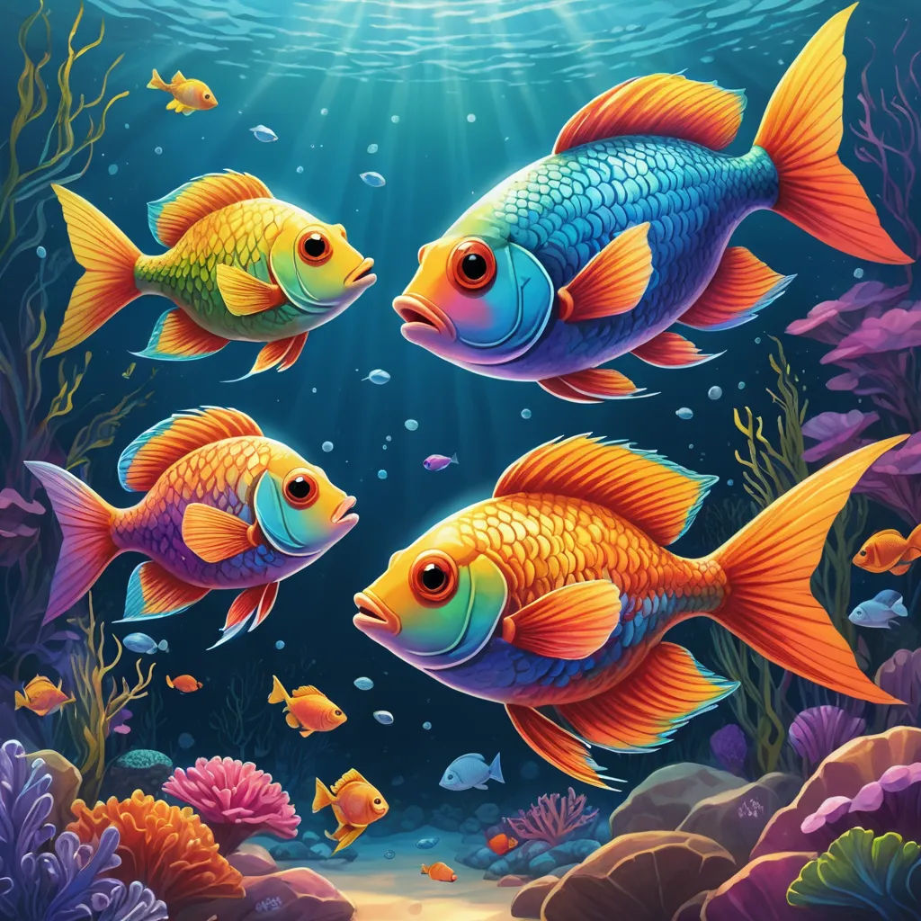 three fish swimming in the ocean with a sunbeam above them and a coral reef below them, with a blue sky and sunbeam, psychedelic art, computer graphics, David Martin, highly detailed digital painting