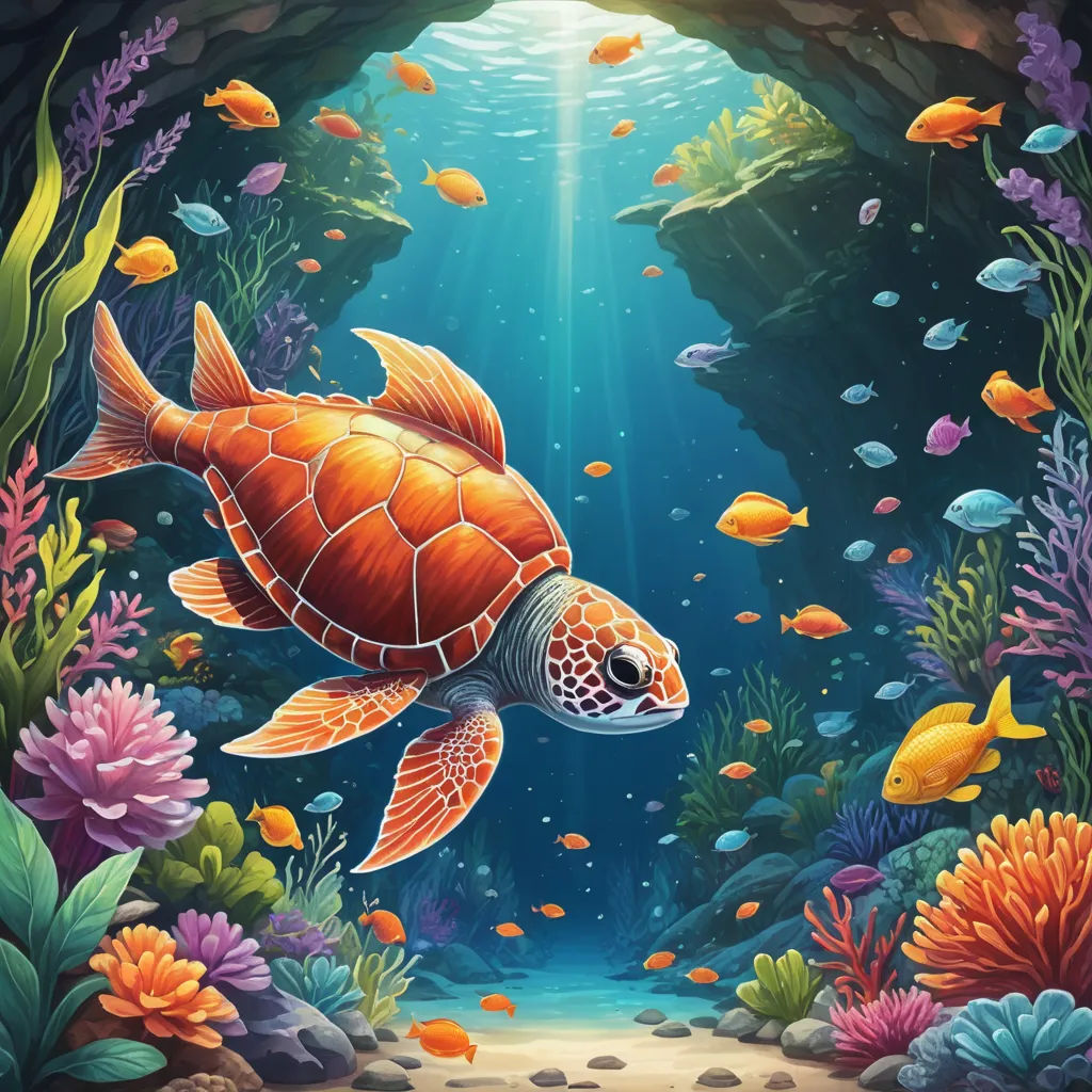 a painting of a turtle swimming in a cave with corals and other fish around it, with sunlight streaming through the water, fantasy art, an airbrush painting, Dan Mumford, highly detailed digital painting