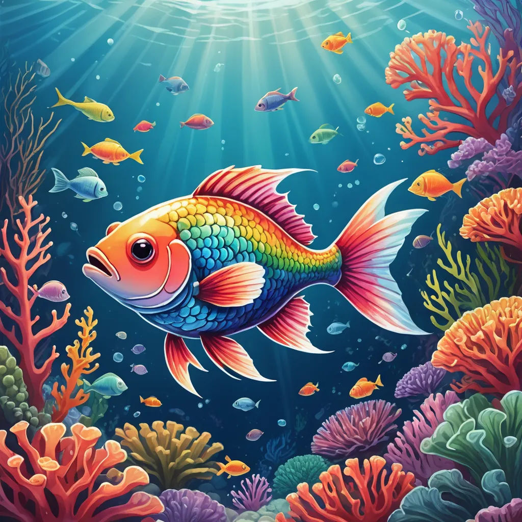 a painting of a fish in the ocean with corals and other fish around it, under a bright sun, psychedelic art, computer graphics, Chris LaBrooy, highly detailed digital painting