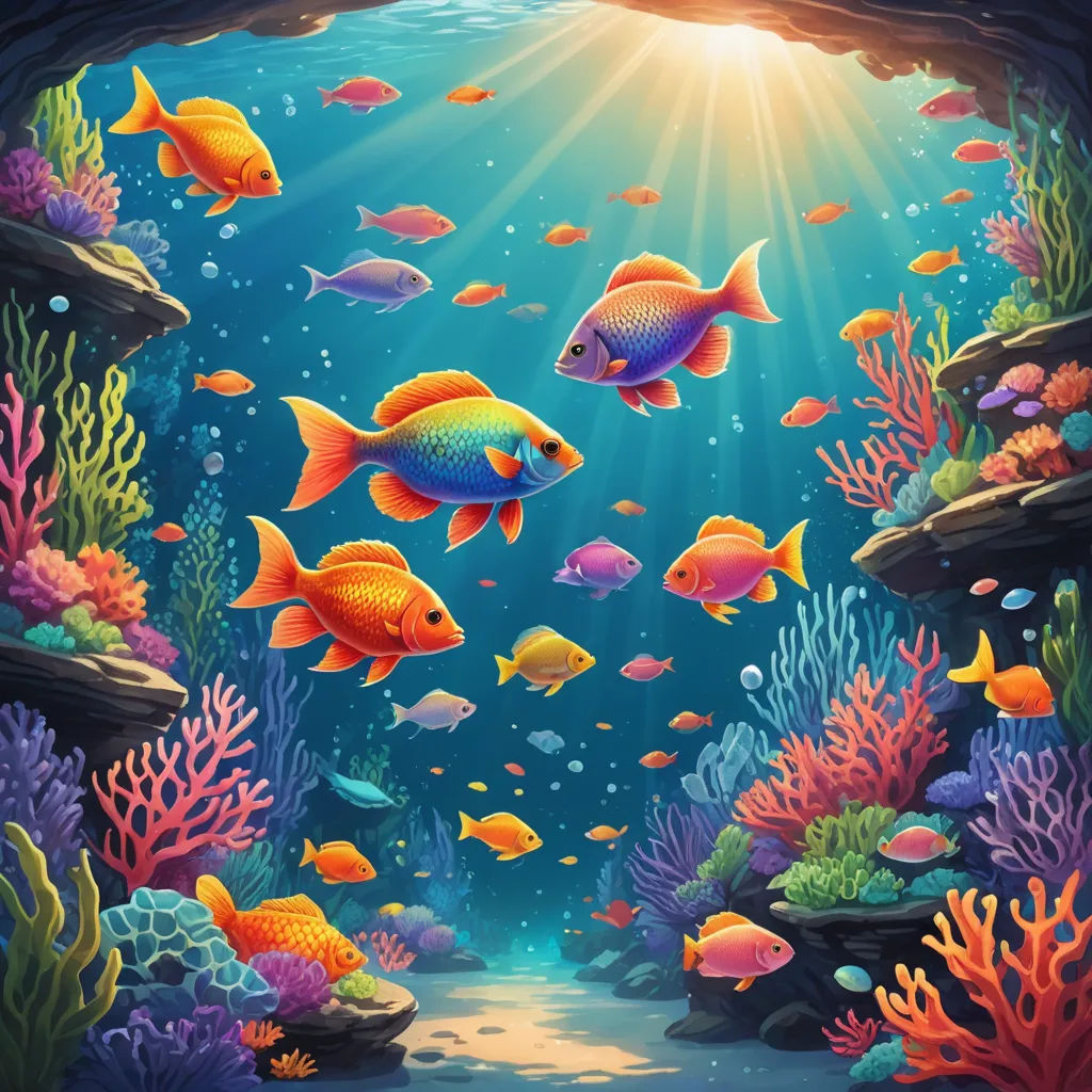 a painting of a underwater scene with fish and corals in the water and sunlight coming through the cave, fantasy art, computer graphics, David Martin, highly detailed digital painting