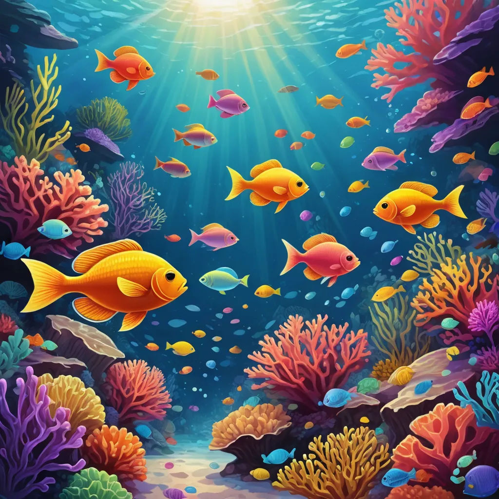 a painting of a coral reef with fish and corals on it's sides and sun shining down, computer art, computer graphics, David Martin, ocean