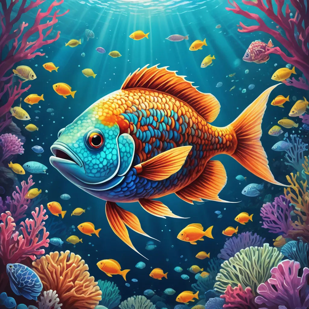 a painting of a fish swimming in the ocean with corals and other fish around it, with a bright sun shining down on the water, psychedelic art, an airbrush painting, Chris LaBrooy, highly detailed digital painting