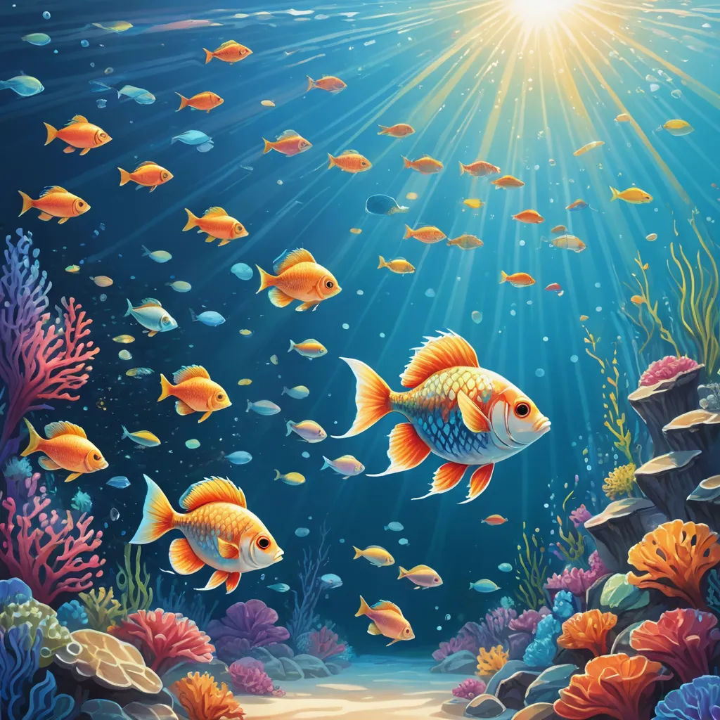 a painting of a sea with many fish swimming around it and a sun shining above the water's surface, fantasy art, a detailed painting, David Martin, highly detailed digital painting