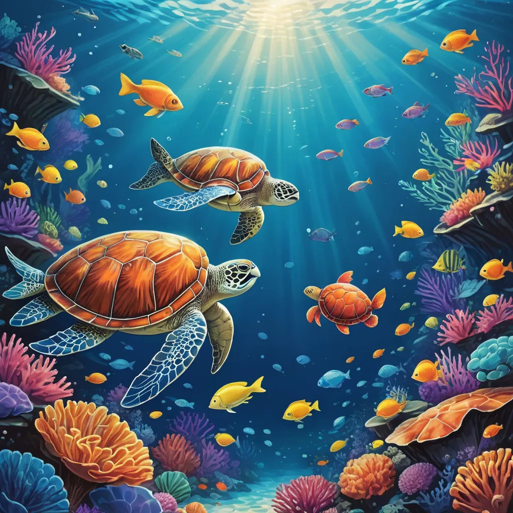 a painting of two turtles swimming in the ocean with fish and corals around them, under water with sunlight, fantasy art, a detailed painting, Chris LaBrooy, underwater